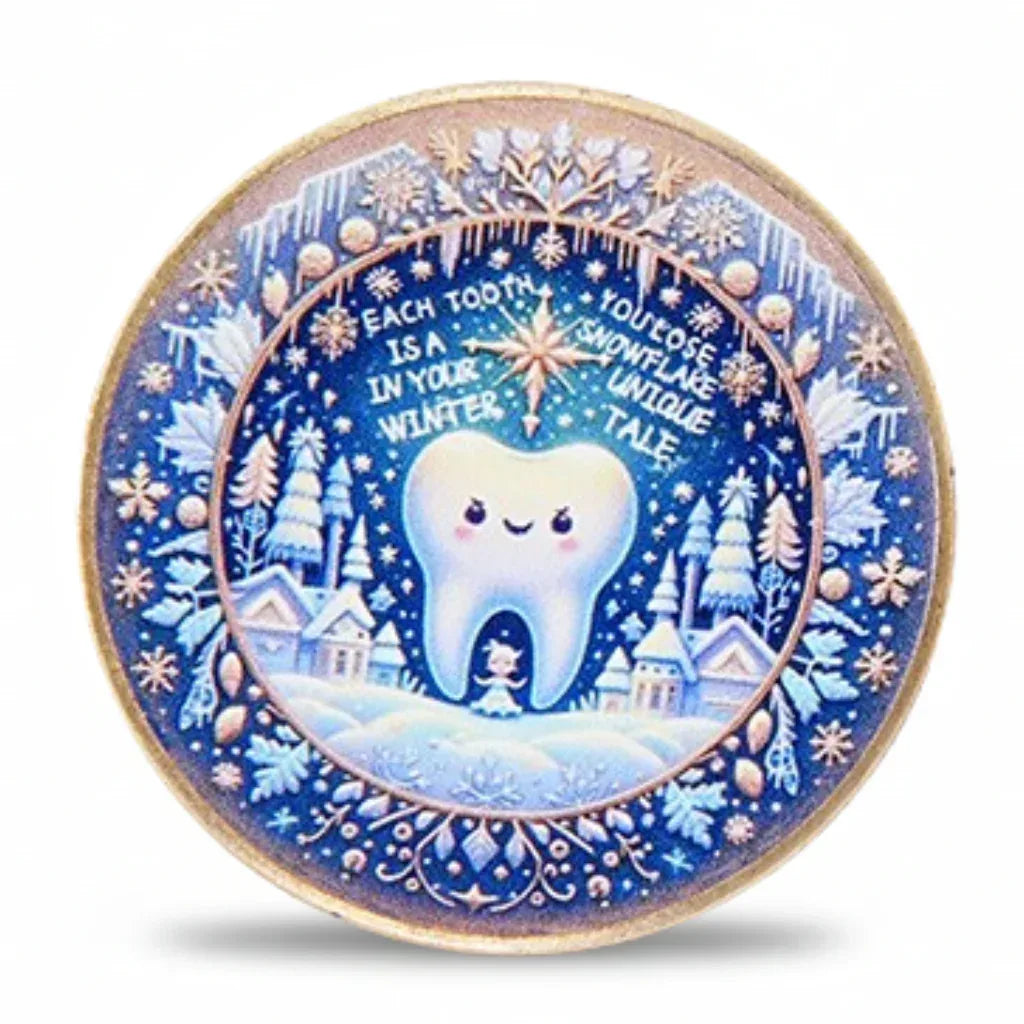 Tooth Fairy commemorative coin gold finish cute tooth character winter wonderland scene children's tooth exchange gift available at One More Coin store
