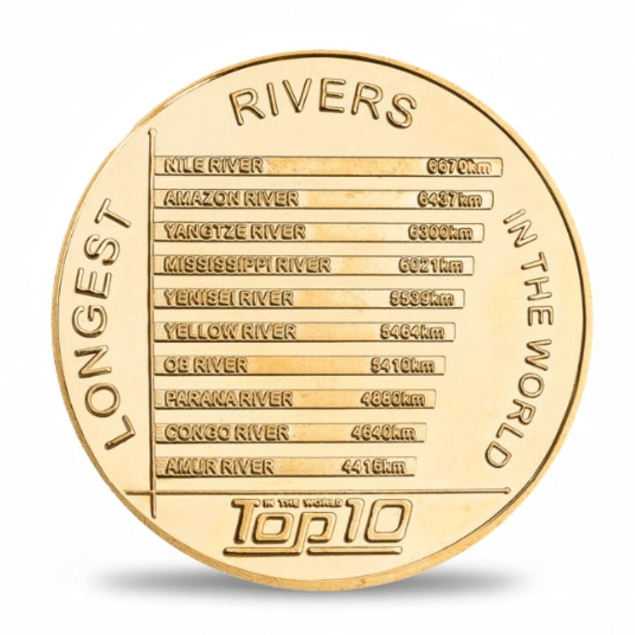 Top 10 Longest Rivers of the World coin reverse engraved ranking Nile 6670km to Amur 4416km gold-tone collectible token
