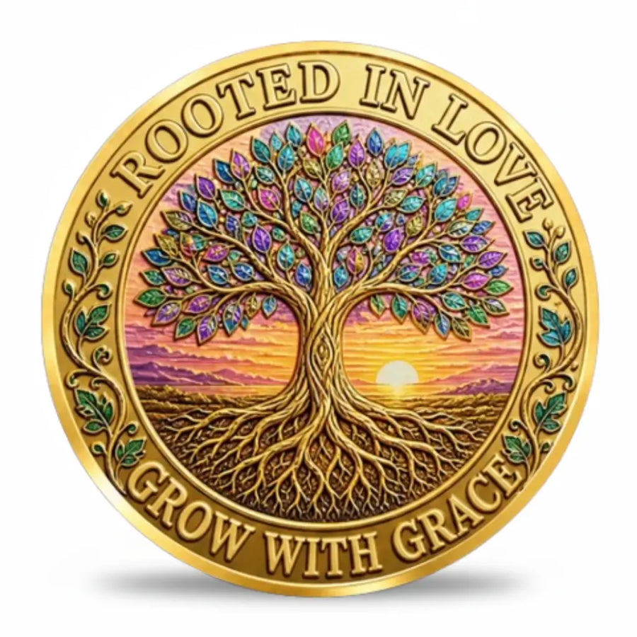 Gold-tone coin reverse showing a Tree of Life with an intertwining trunk, spreading roots and purple, turquoise, blue and green leaves against a pink and golden sunset. Leafy borders frame the words “ROOTED IN LOVE” and “GROW WITH GRACE,” collectible token
