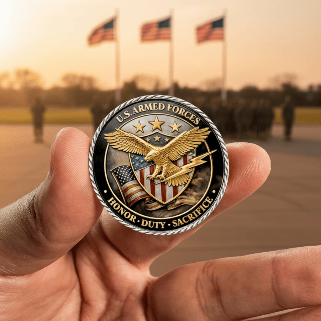 A close-up of a hand holding a U.S. Armed forces challenge coin. with the text honor.duty.sacrifice.