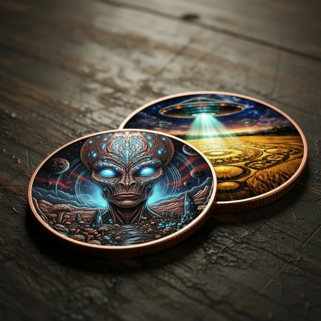 Two round copper-toned coasters with detailed fantasy and sci-fi illustrations, resting on a dark wooden surface. One coaster features a glowing alien head, and the other shows a UFO over a crop circle.