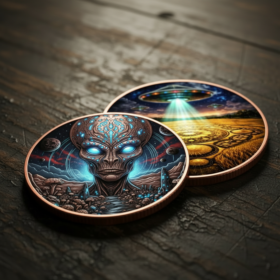 Two round copper-toned coasters with detailed fantasy and sci-fi illustrations, resting on a dark wooden surface. One coaster features a glowing alien head, and the other shows a UFO over a crop circle.