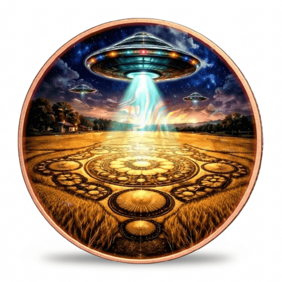 A circular decorative plaque or print featuring a surreal scene of three flying saucers emitting beams of light over a golden field with a large circular mandala-like pattern on the ground. The outer rim has a copper-toned border, and the scene is set against a plain white background.