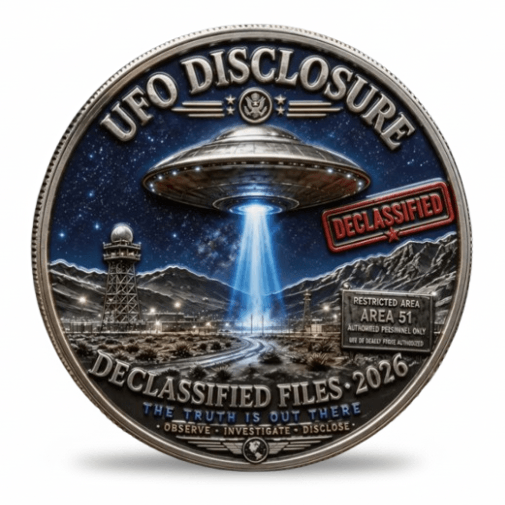 UFO Disclosure coin Area 51 declassified files 2026 flying saucer night scene collectible coin token available at One More Coin store
