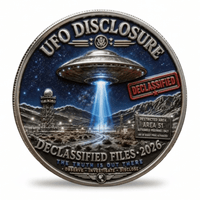 UFO Disclosure coin Area 51 declassified files 2026 flying saucer night scene collectible coin token available at One More Coin store
