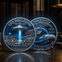 UFO Disclosure and UAP commemorative coins displayed with grey alien figurine collectible token set
