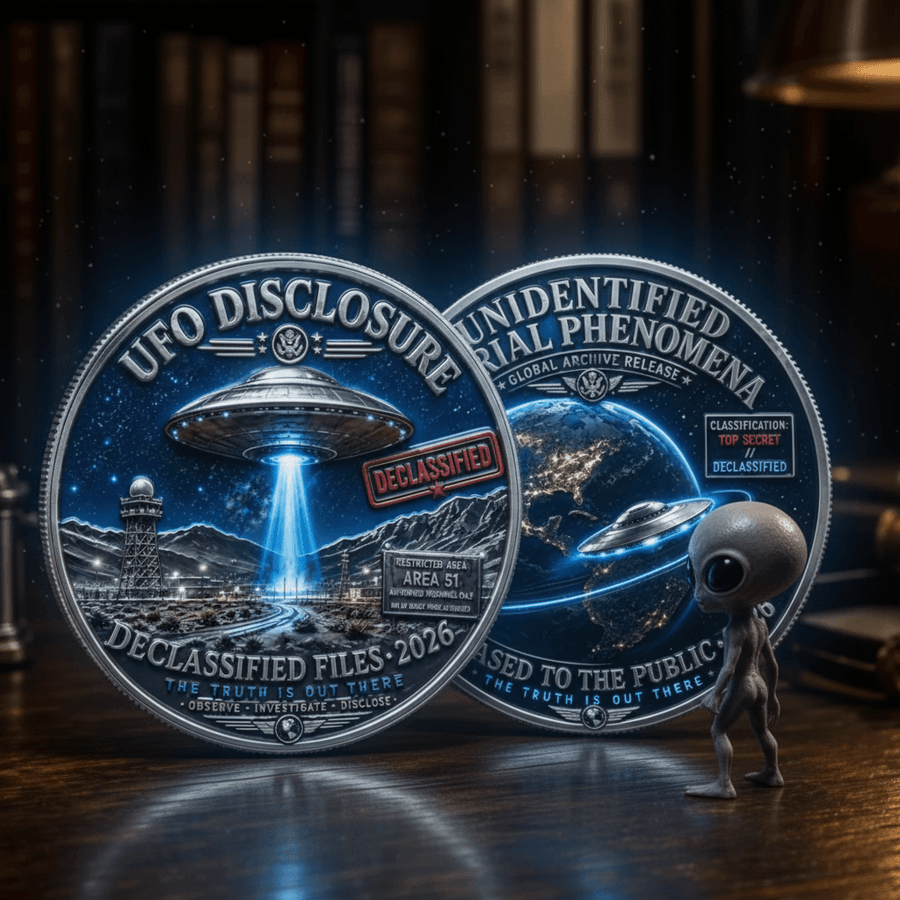 UFO Disclosure and UAP commemorative coins displayed with grey alien figurine collectible token set
