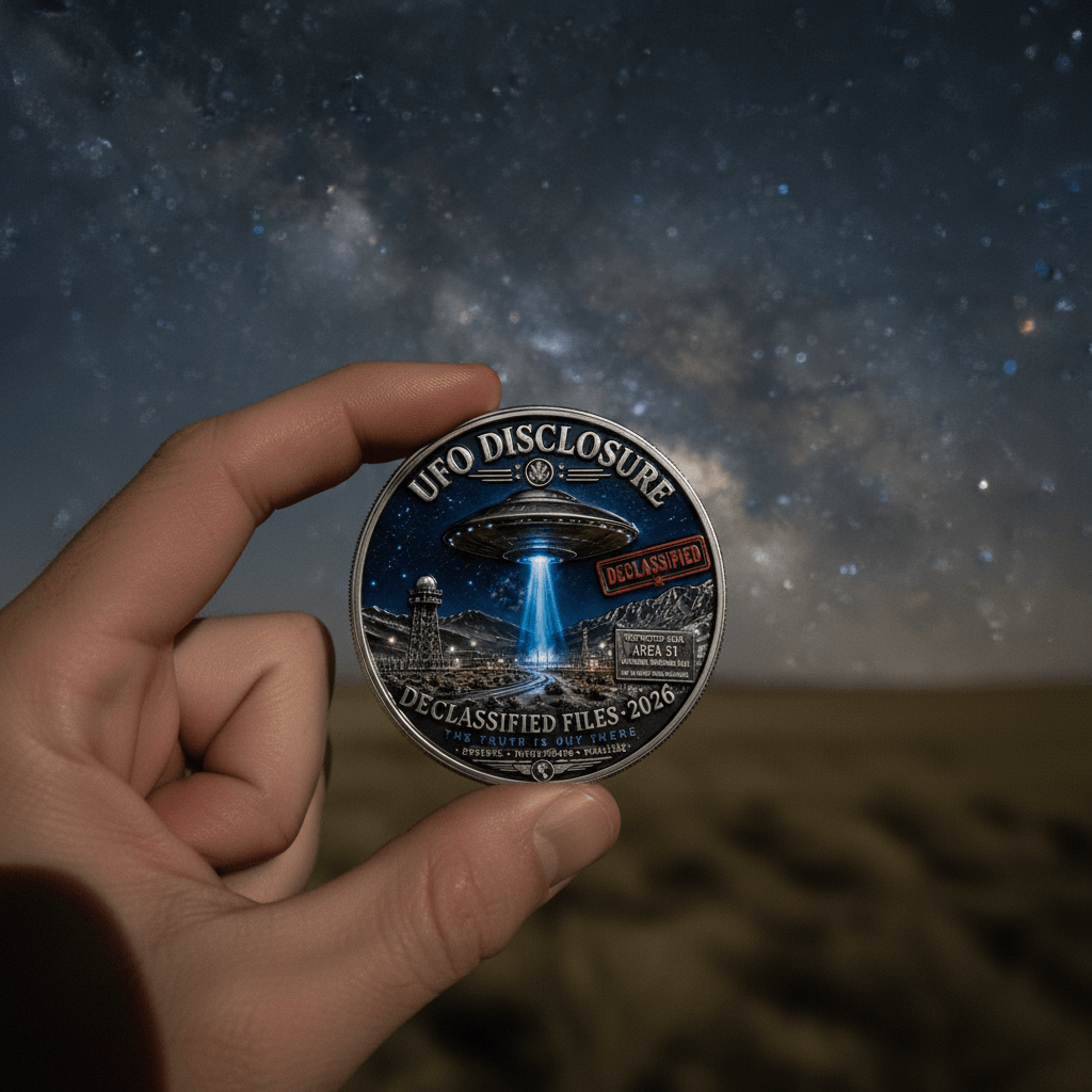 Hand holding UFO Disclosure Area 51 declassified coin against Orions Belt night sky collectible token gift

