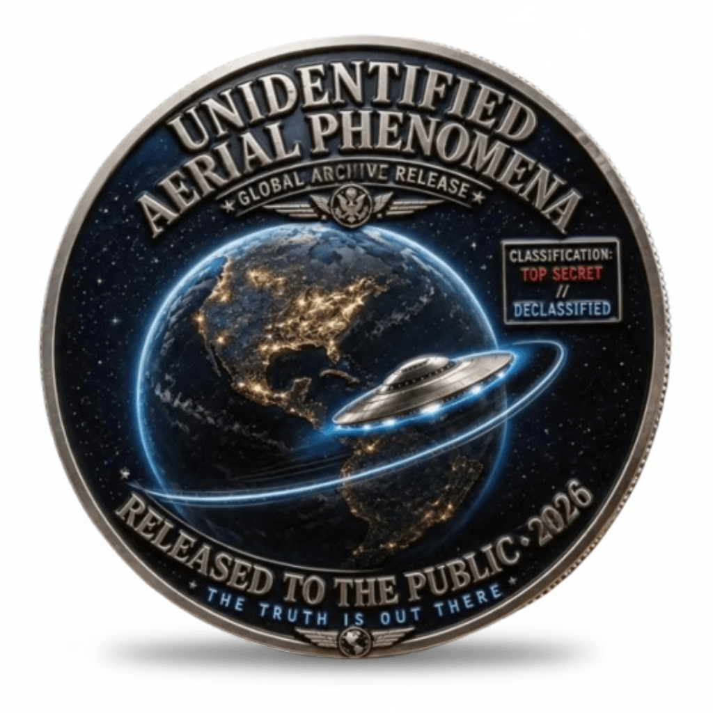Unidentified Aerial Phenomena global archive release coin Earth orbit UFO 2026 collectible token reverse
