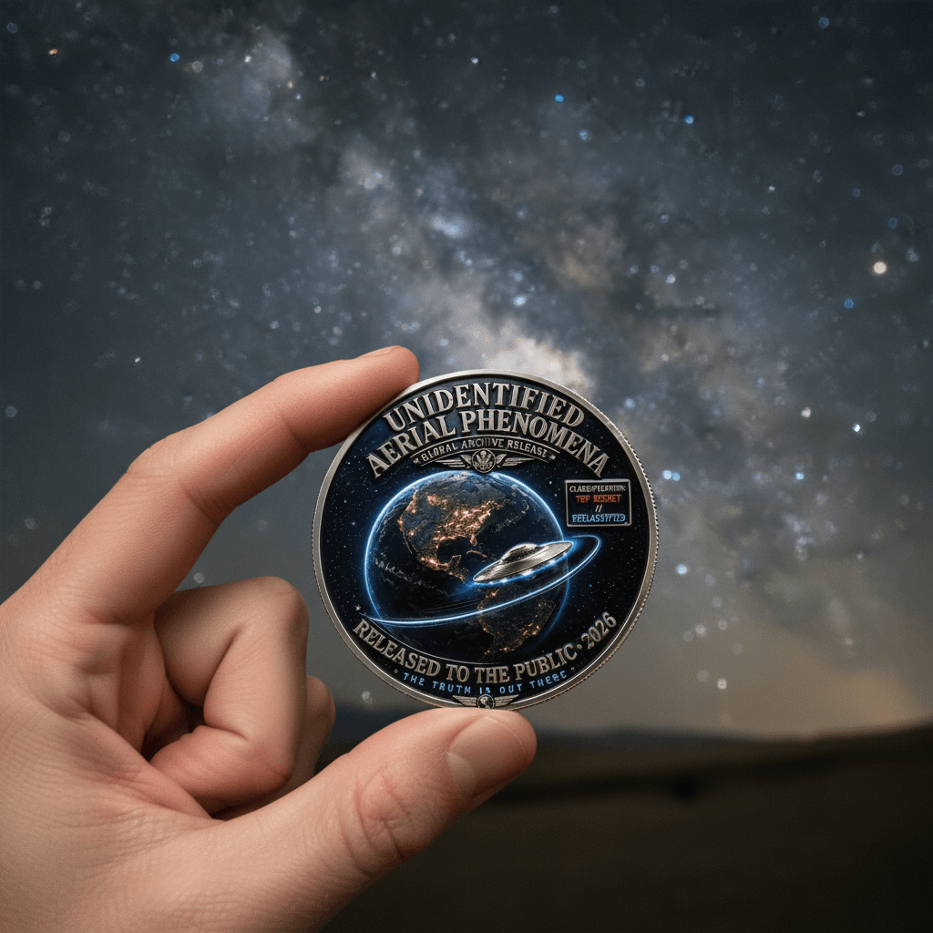 Hand holding Unidentified Aerial Phenomena Earth orbit coin against Orions Belt night sky collectible token gift
