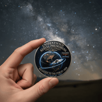 Hand holding Unidentified Aerial Phenomena Earth orbit coin against Orions Belt night sky collectible token gift
