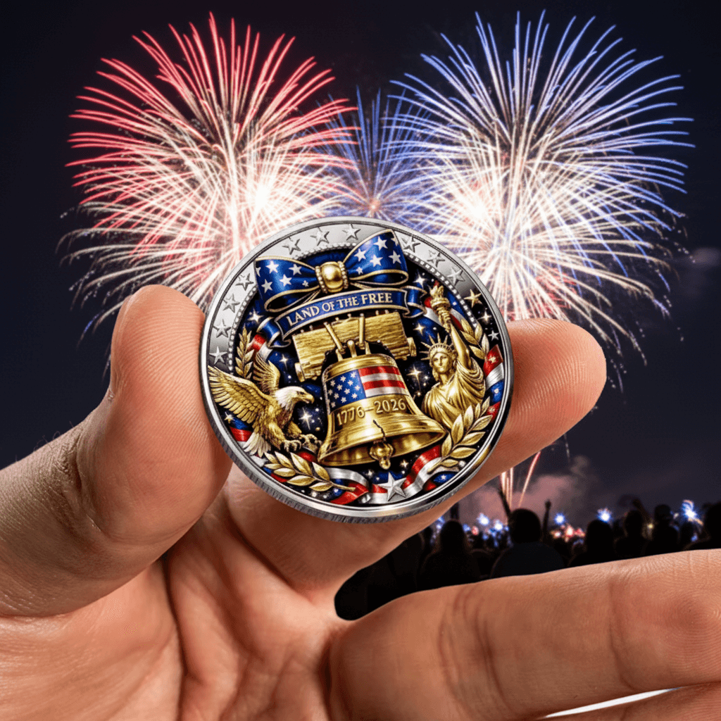 Hand holding United States of America 250th anniversary coin against 4th of July fireworks night sky patriotic collectible token gift
