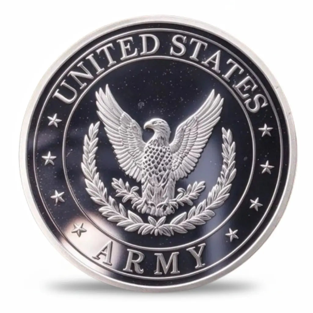 Silver-tone military coin reverse with a spread-winged eagle framed by leafy branches on a dark background, surrounded by stars and the words “UNITED STATES” above and “ARMY” below, collectible token