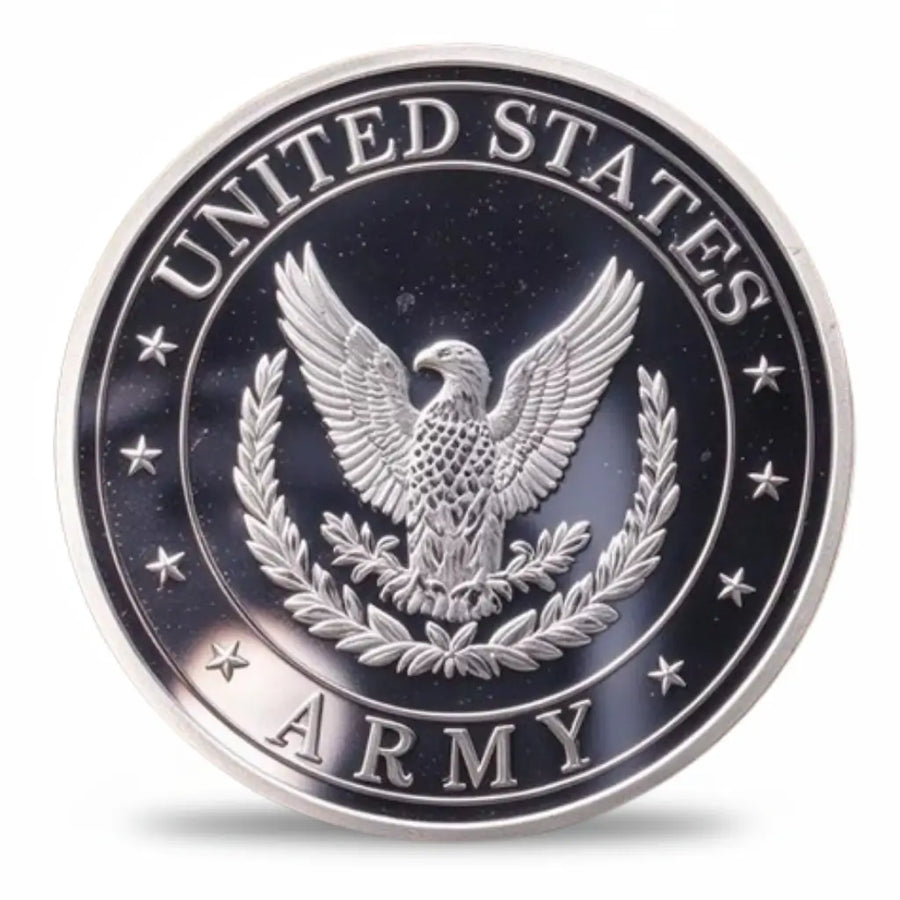 Silver-tone military coin reverse with a spread-winged eagle framed by leafy branches on a dark background, surrounded by stars and the words “UNITED STATES” above and “ARMY” below, collectible token