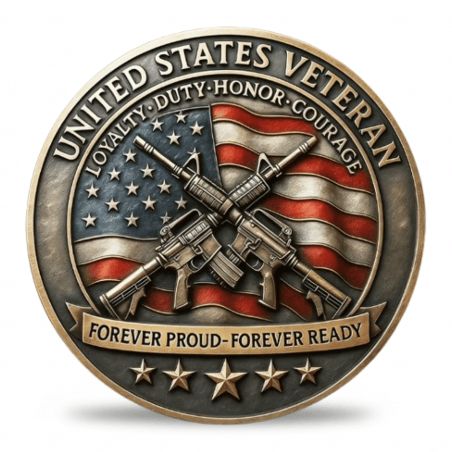 A round commemorative coin with a metallic antique finish, featuring crossed rifles over an American flag design and the text 'UNITED STATES VETERAN' and 'FOREVER PROUD-FOREVER READY' on a white background.