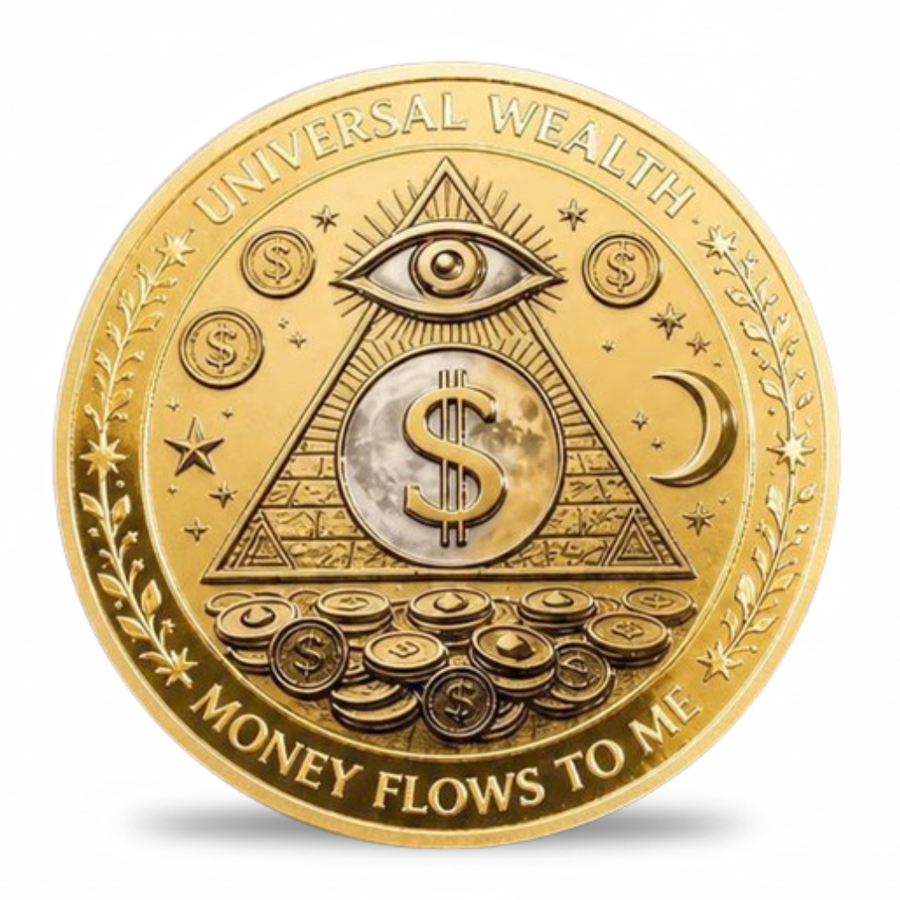 Universal Wealth All-Seeing Eye pyramid money flows to me manifestation collectible coin token with gold coins stars and crescent moon available at One More Coin store
