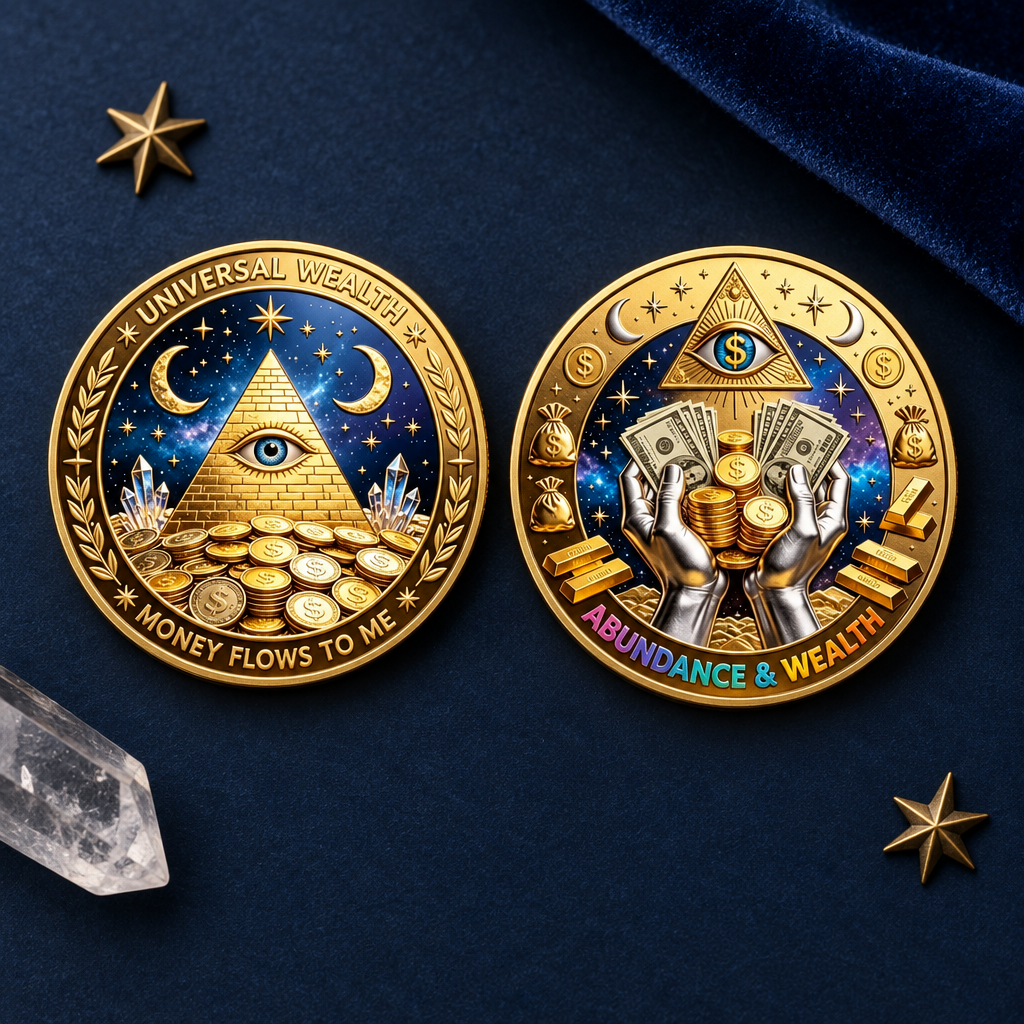 Universal Wealth and Abundance & Wealth coin faces on a midnight-blue tabletop with subtle celestial props, collectible token