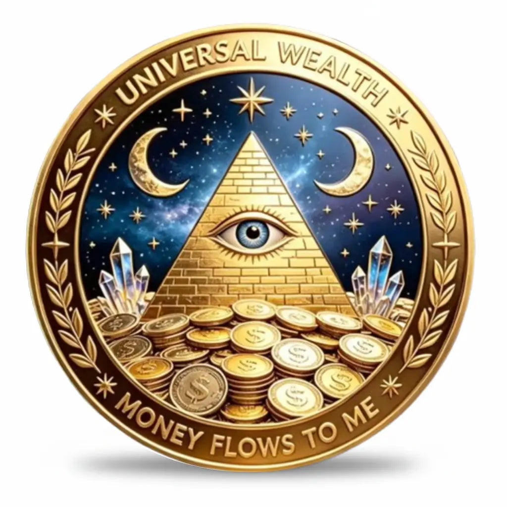 Gold-tone Universal Wealth iron coin, 2D design with pyramid, all-seeing eye, crescent moons and coins, available at One More Coin store