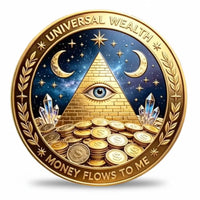 Gold-tone Universal Wealth iron coin, 2D design with pyramid, all-seeing eye, crescent moons and coins, available at One More Coin store