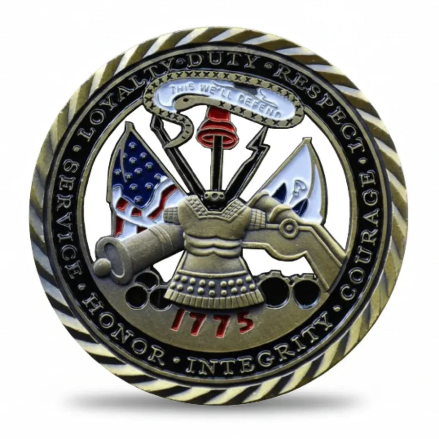 US Army 1775 challenge coin Loyalty Duty Respect Honor Integrity Courage military collectible gift for veterans available at One More Coin store
