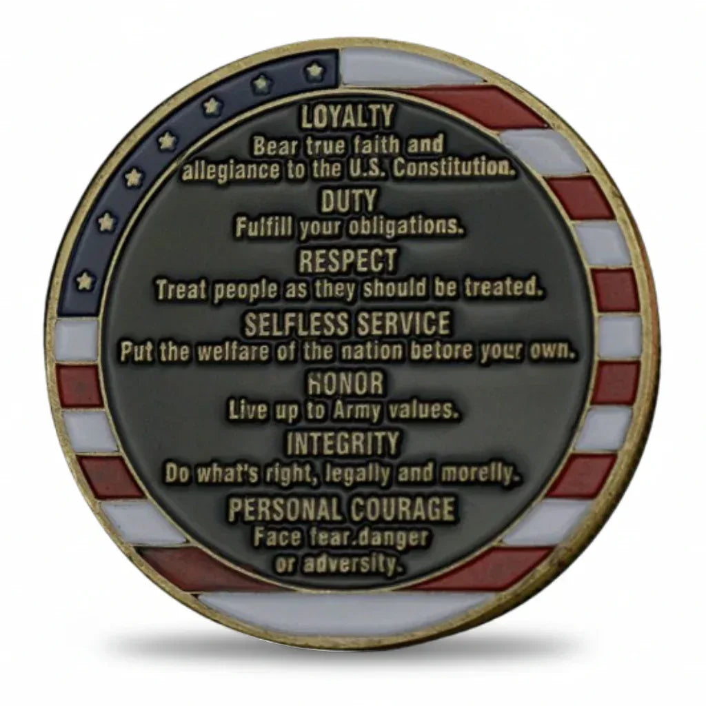 US Army Core Values coin reverse military branches infantry tank aircraft naval imagery challenge coin collectible
