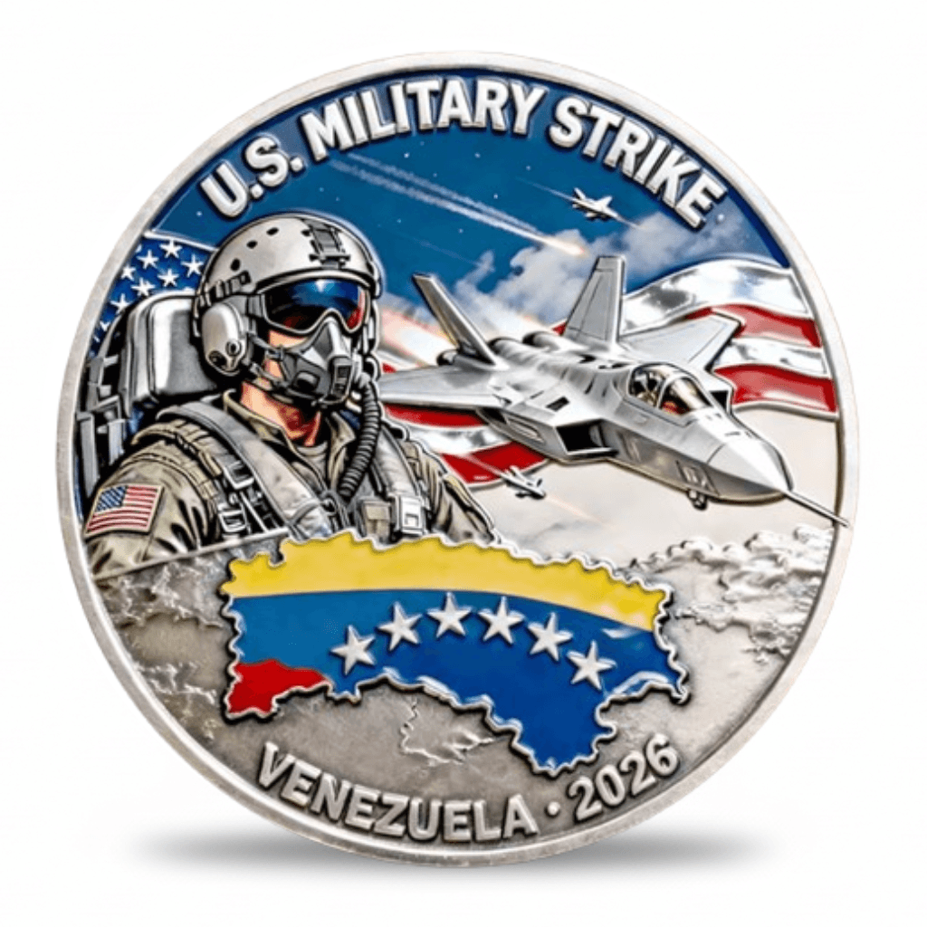 US Military Strike Venezuela 2026 collectible coin token fighter pilot F-22 Raptor American flag available at One More Coin store
