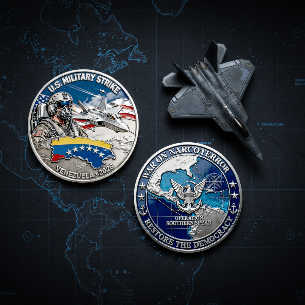 Two military-style commemorative coins are displayed on a dark world-map background, alongside a gray fighter jet model. The left coin is silver-toned with a colorful design featuring a soldier, a jet, the Venezuelan flag