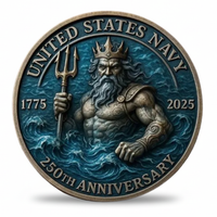 US Navy 250th Anniversary coin antique bronze Neptune rising from ocean waves trident crown teal enamel military gift for veterans available at One More Coin store
