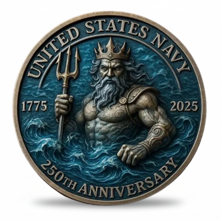 US Navy 250th Anniversary coin antique bronze Neptune rising from ocean waves trident crown teal enamel military gift for veterans available at One More Coin store
