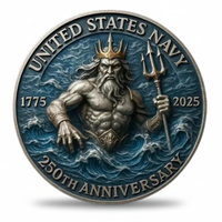 US Navy 250th Anniversary coin antique silver Neptune rising from ocean waves trident crown teal enamel 1775 2025 military collectible token
