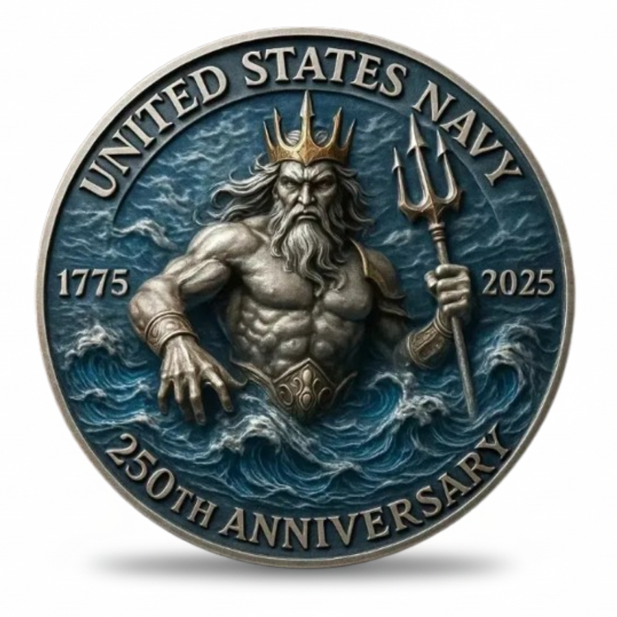 US Navy 250th Anniversary coin antique silver Neptune rising from ocean waves trident crown teal enamel 1775 2025 military collectible token
