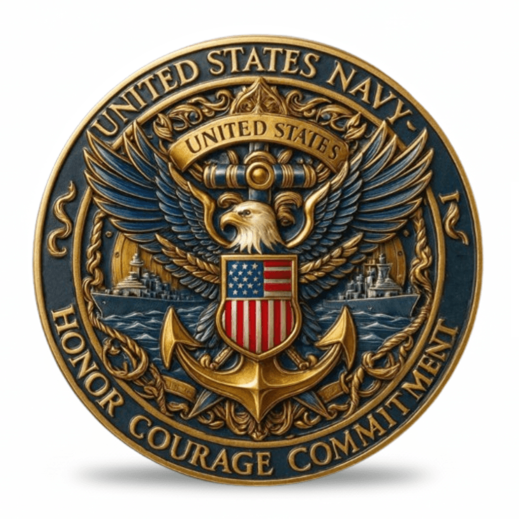 United States Navy Honor Courage Commitment gold military collectible coin eagle anchor American shield available at One More Coin store
