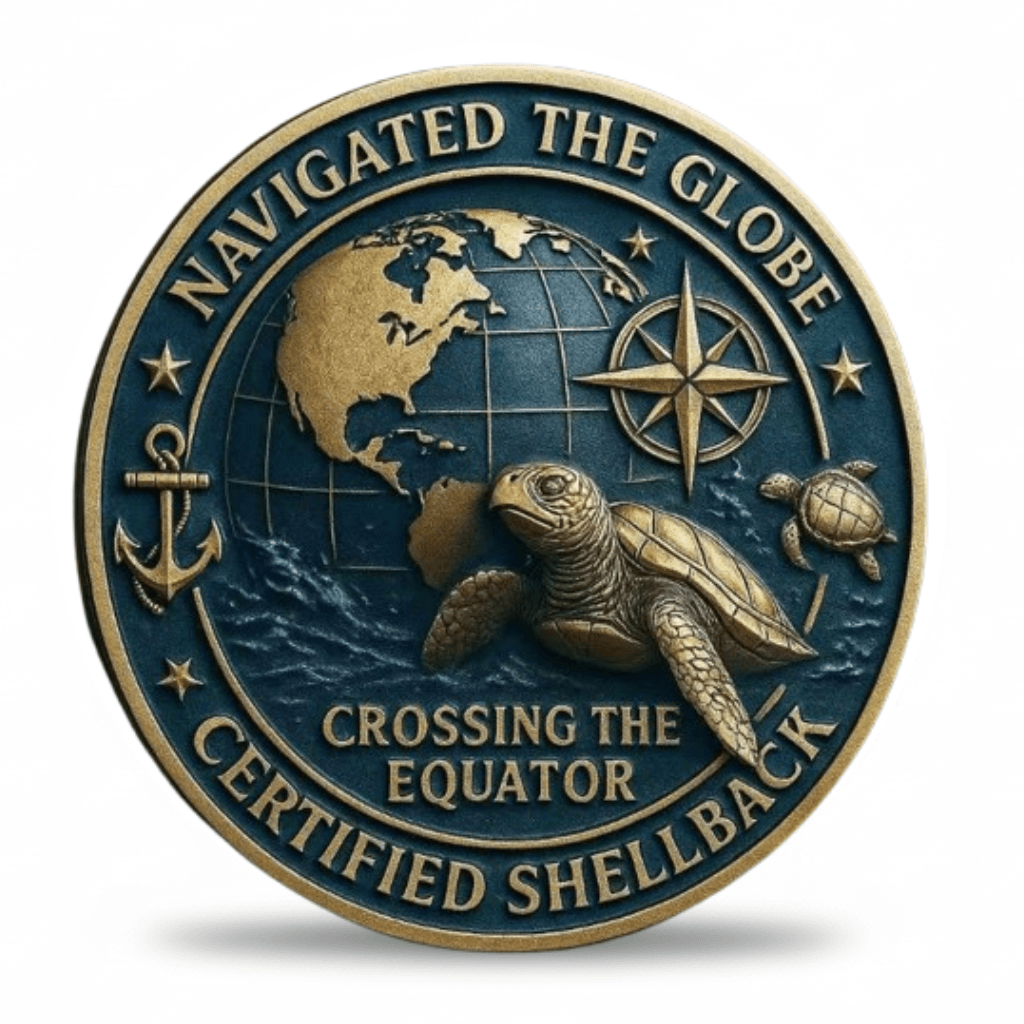 Reverse of Shellback coin showing globe compass rose sea turtle and inscription Navigated the Globe Crossing the Equator Certified Shellback
