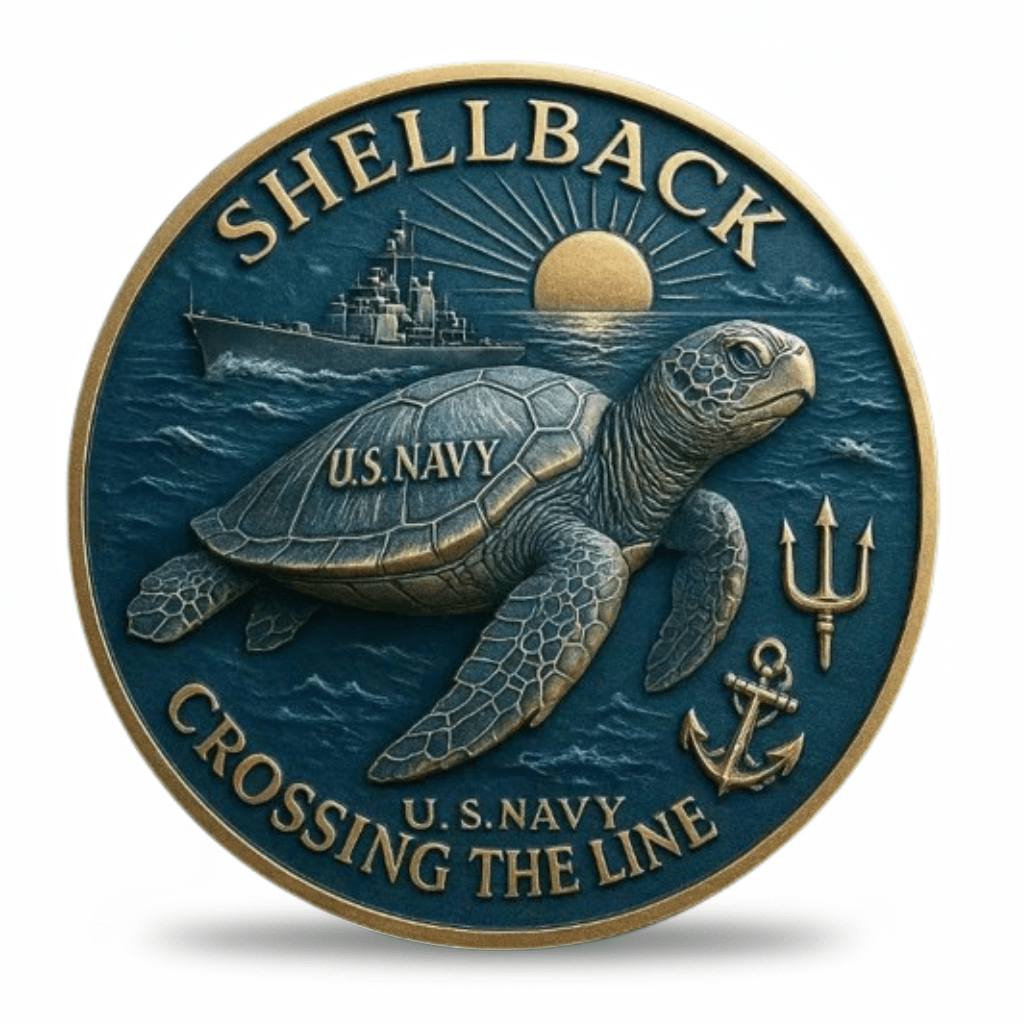 US Navy Shellback Crossing the Line collectible coin featuring sea turtle warship anchor and trident on teal and gold background available at One More Coin store
