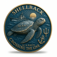 US Navy Shellback Crossing the Line collectible coin featuring sea turtle warship anchor and trident on teal and gold background available at One More Coin store
