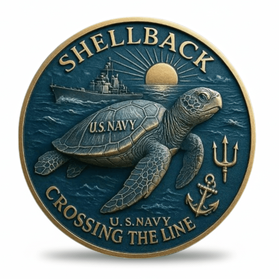 US Navy Shellback Crossing the Line collectible coin featuring sea turtle warship anchor and trident on teal and gold background available at One More Coin store
