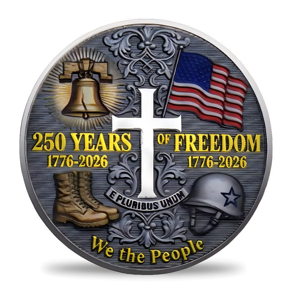 250 Years of Freedom silver finish coin reverse Liberty Bell cross E Pluribus Unum We the People 1776 2026 collectible token
