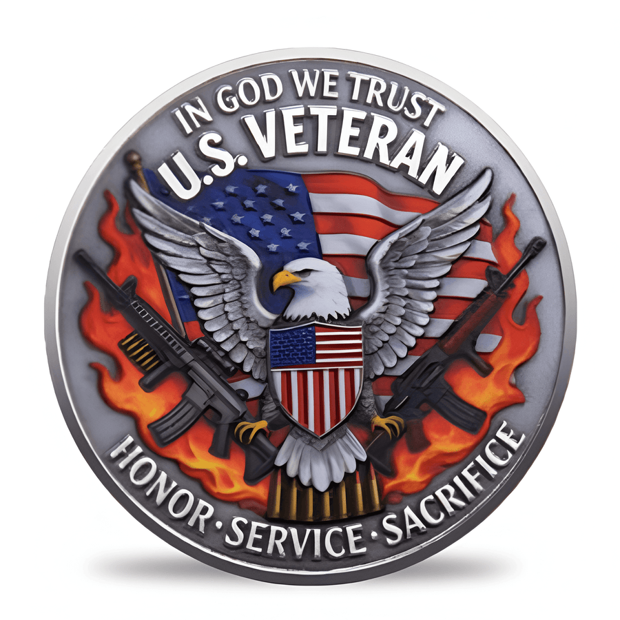 US Veteran Second Amendment coin silver finish bald eagle flames crossed rifles Honor Service Sacrifice patriotic commemorative collectible token
