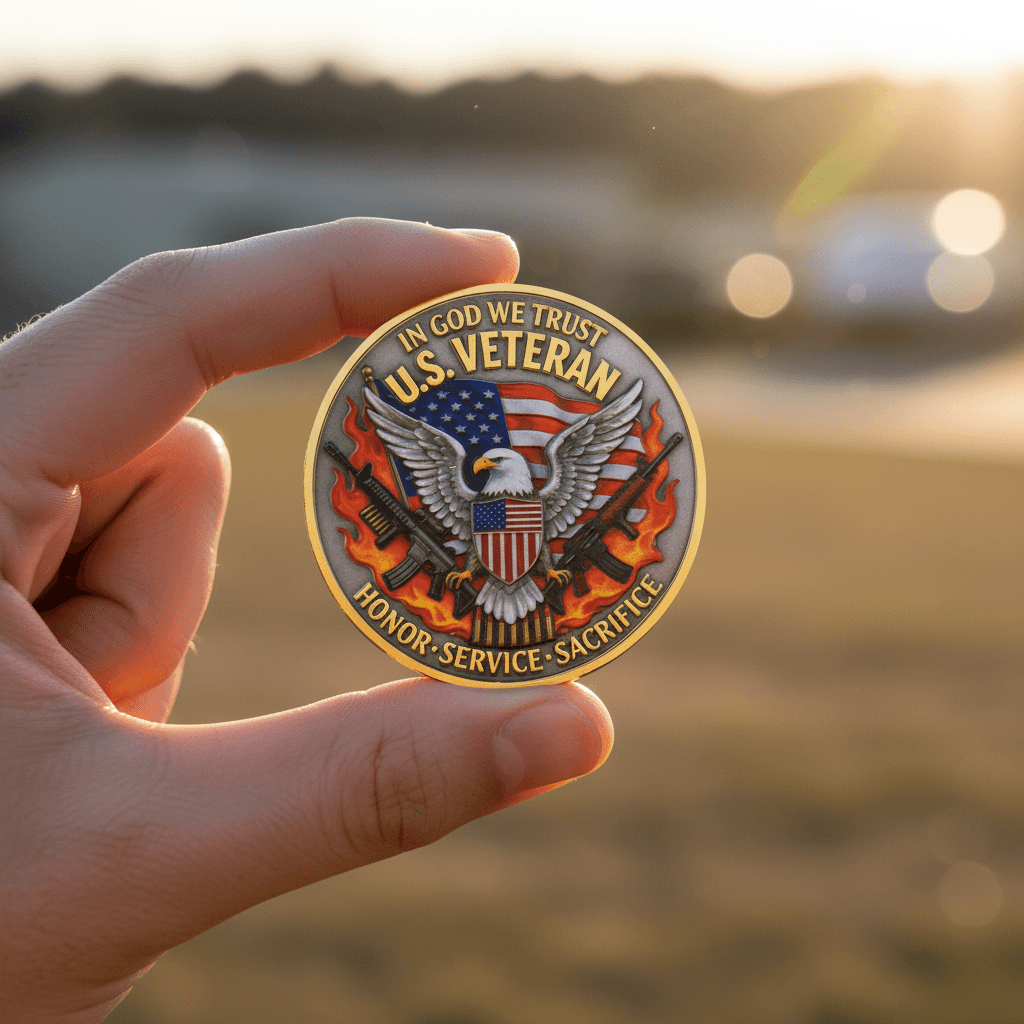 Hand holding US Veteran Second Amendment gold challenge coin outdoors golden hour patriotic collectible token gift
