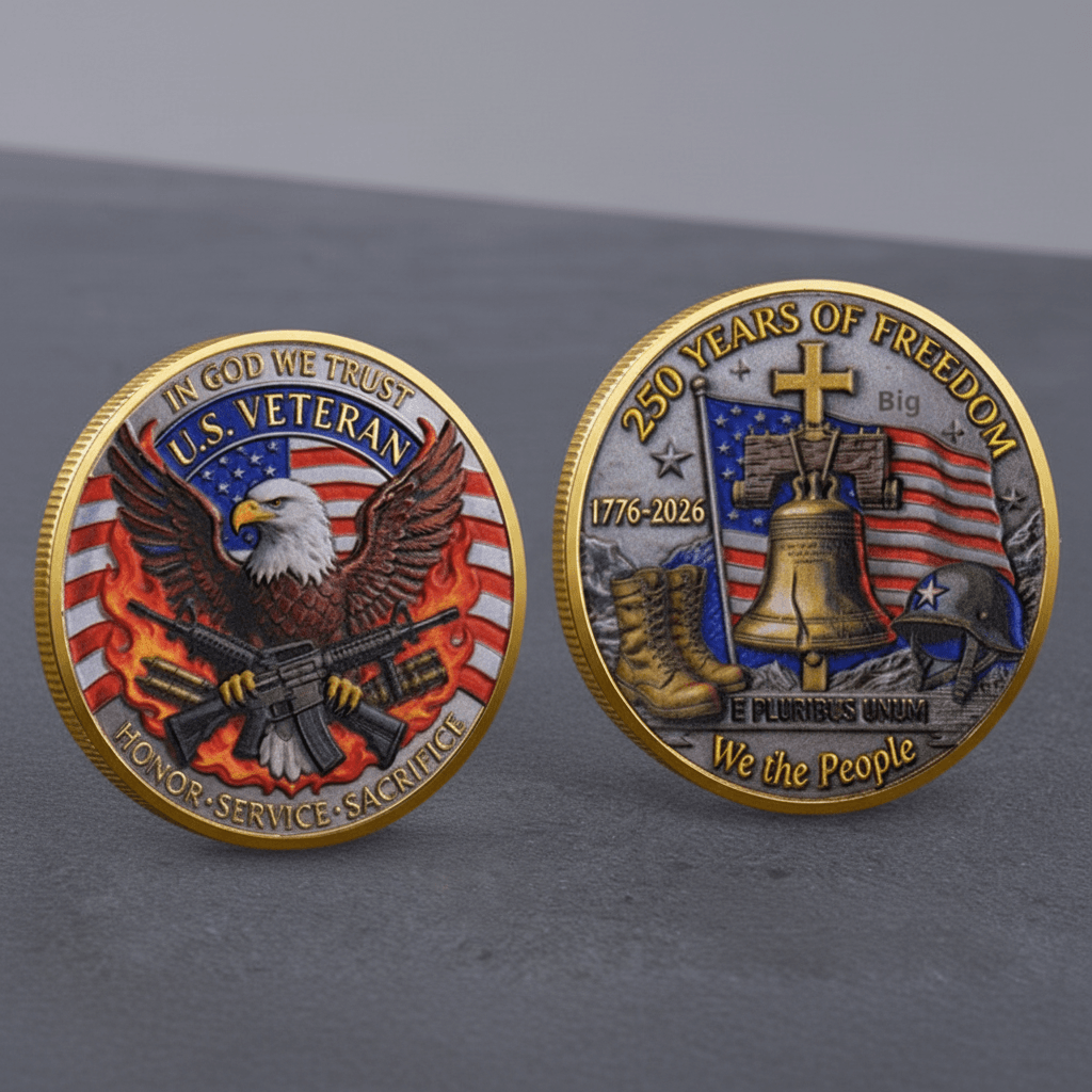 US Veteran Second Amendment challenge coin both sides gold finish eagle obverse and 250 Years of Freedom reverse collectible token set
