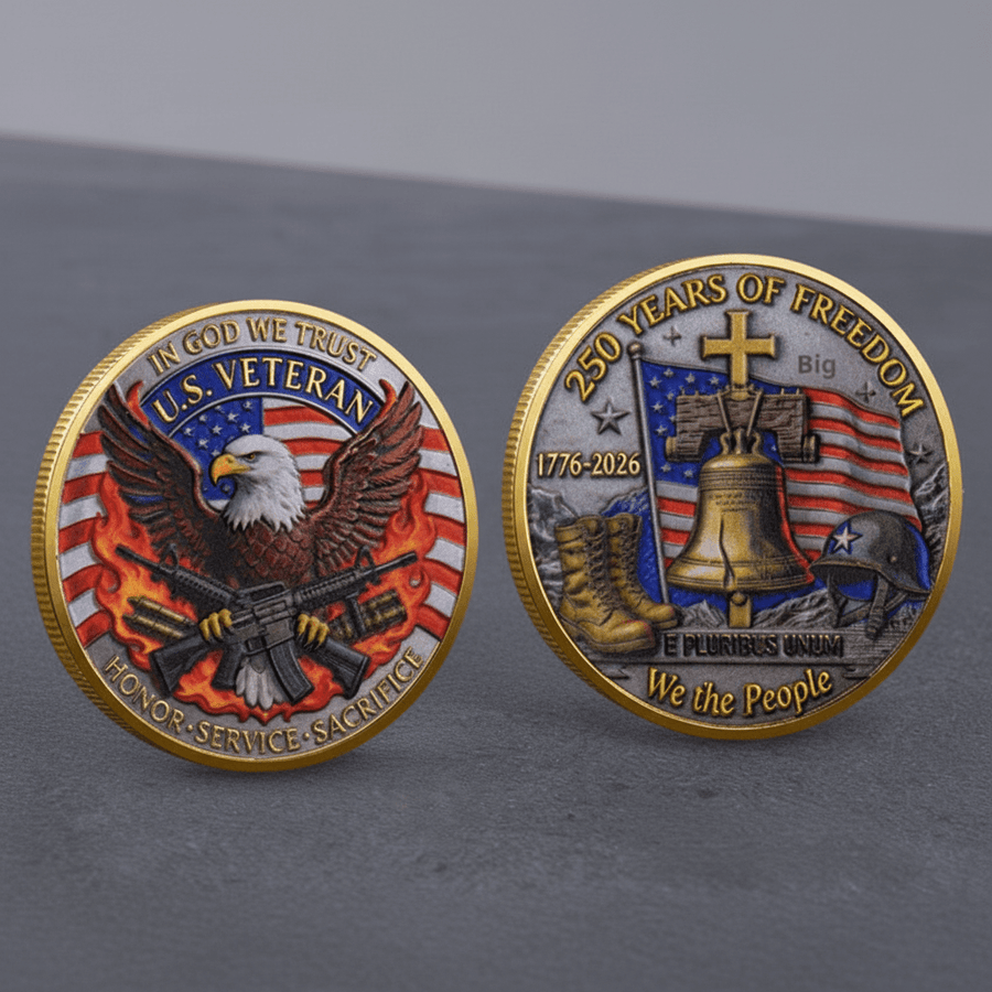 US Veteran Second Amendment challenge coin both sides gold finish eagle obverse and 250 Years of Freedom reverse collectible token set
