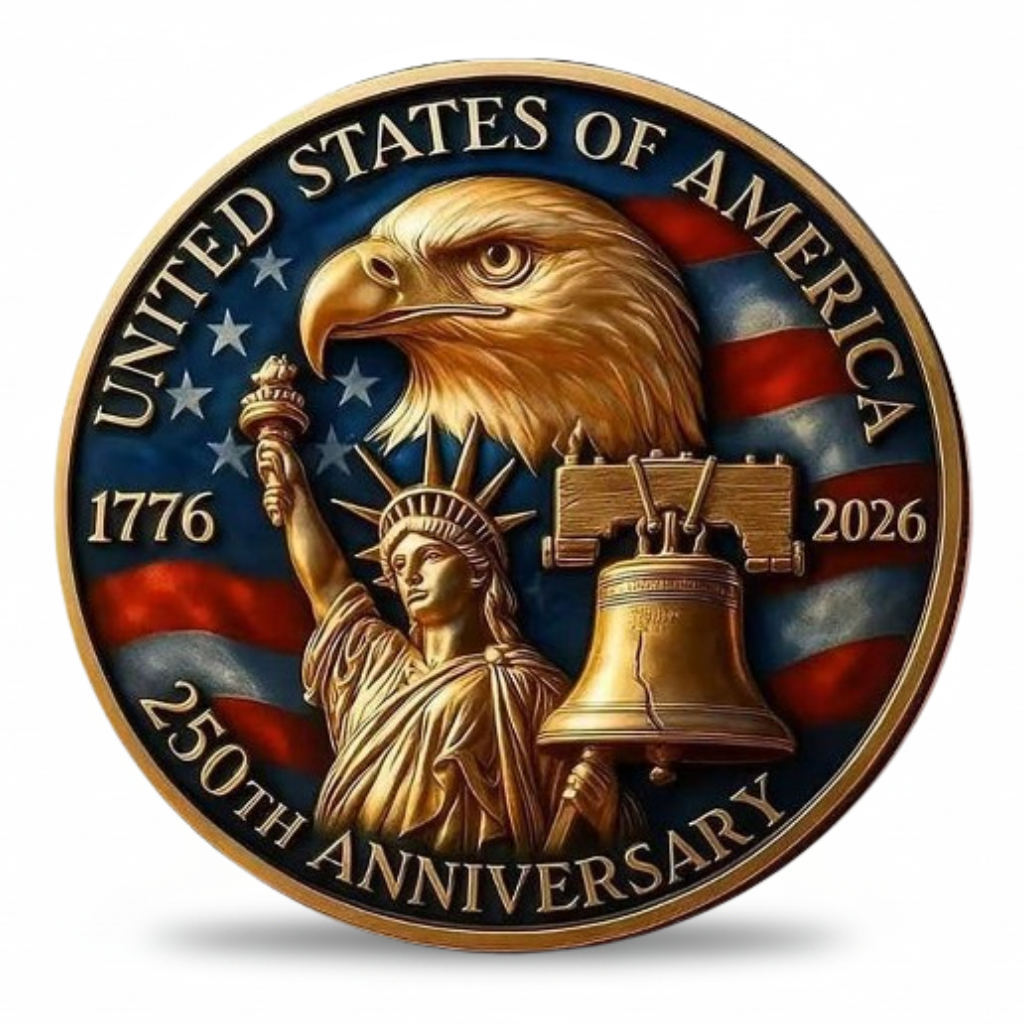 USA 250th Anniversary collectible coin featuring Bald Eagle Statue of Liberty and Liberty Bell American patriotic commemorative collectible token available at One More Coin store
