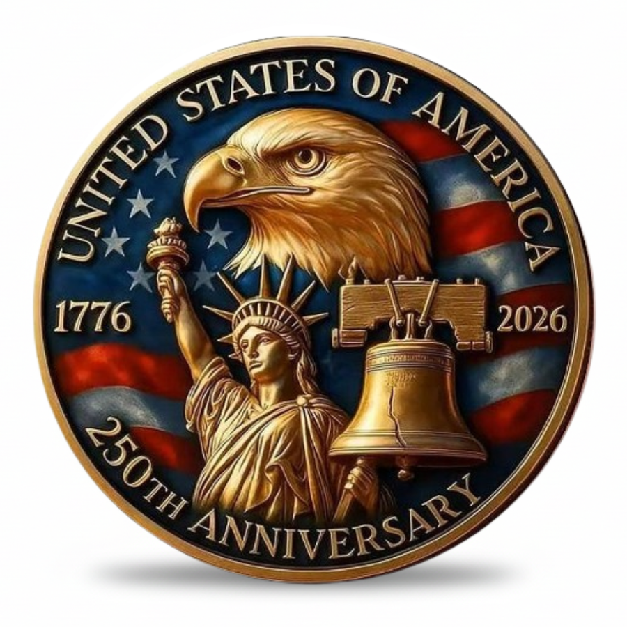 USA 250th Anniversary collectible coin featuring Bald Eagle Statue of Liberty and Liberty Bell American patriotic commemorative collectible token available at One More Coin store

