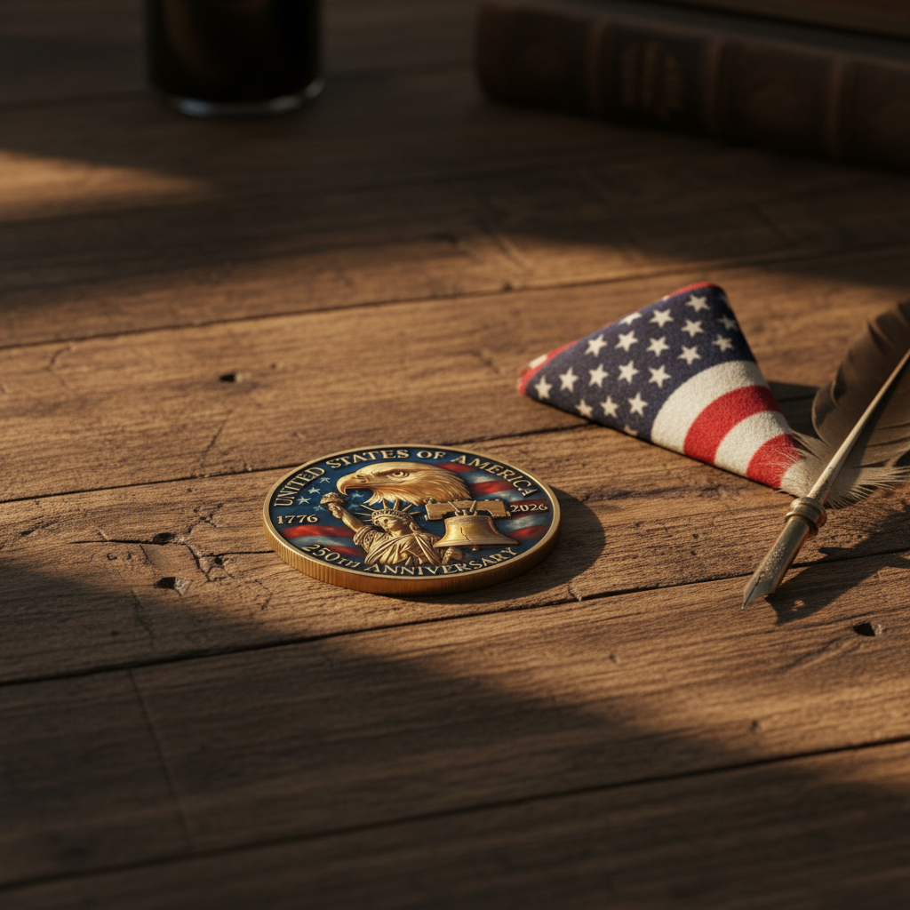 USA 250th Anniversary collectible coin resting on rustic wooden desk beside American flag and quill pen patriotic memorabilia display

