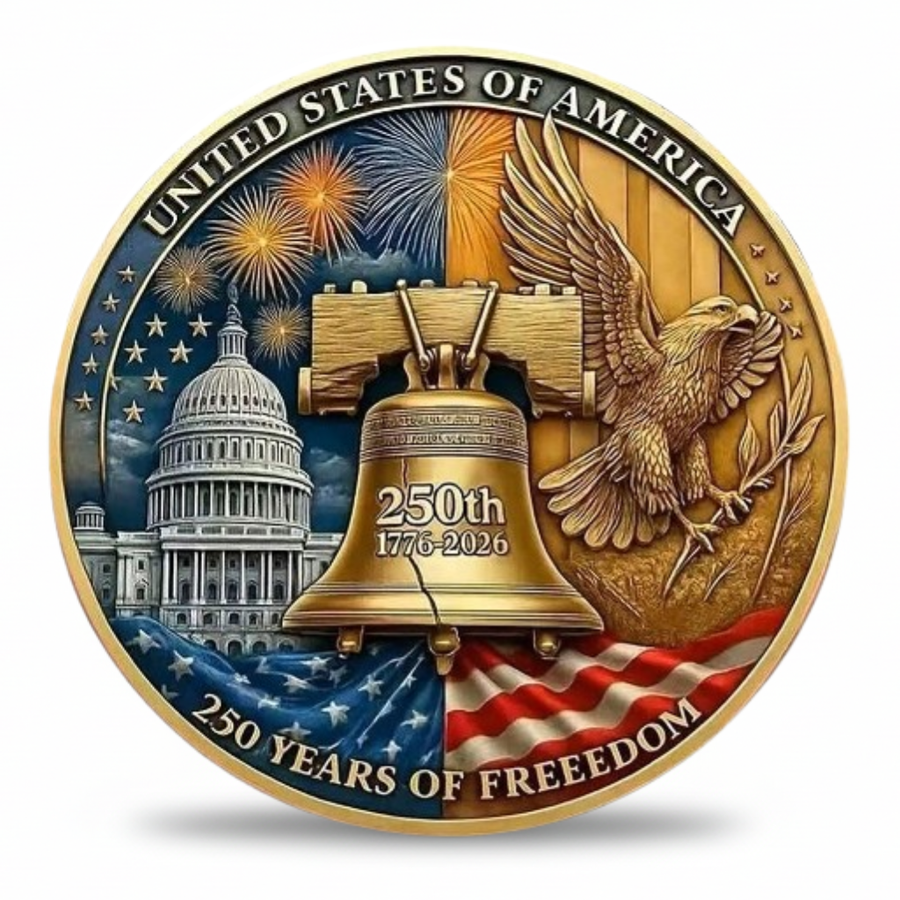 USA 250th Anniversary collectible coin reverse featuring Liberty Bell Capitol Building soaring eagle and fireworks 250 years of freedom 1776 2026 commemorative collectible token
