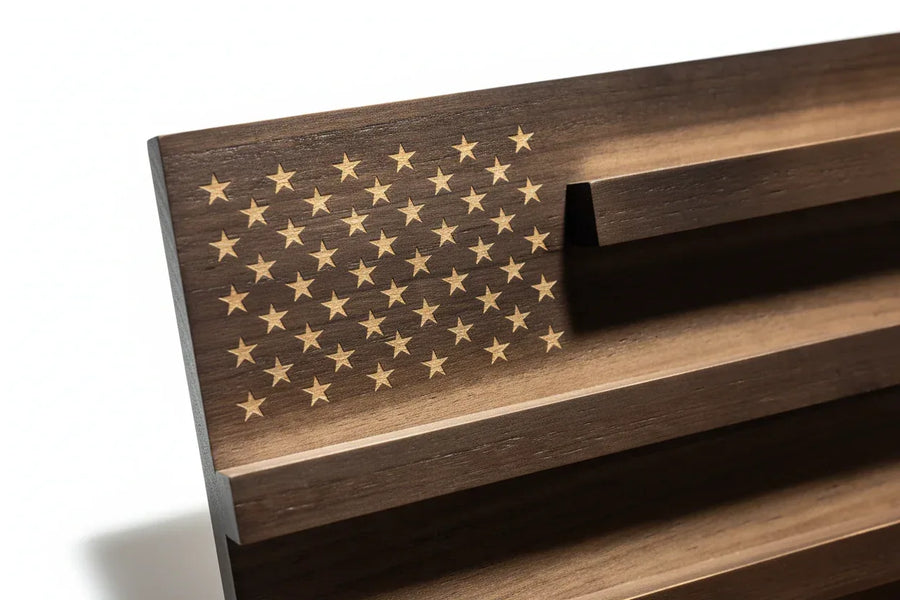 USA flag stars laser engraved detail on challenge coin display
