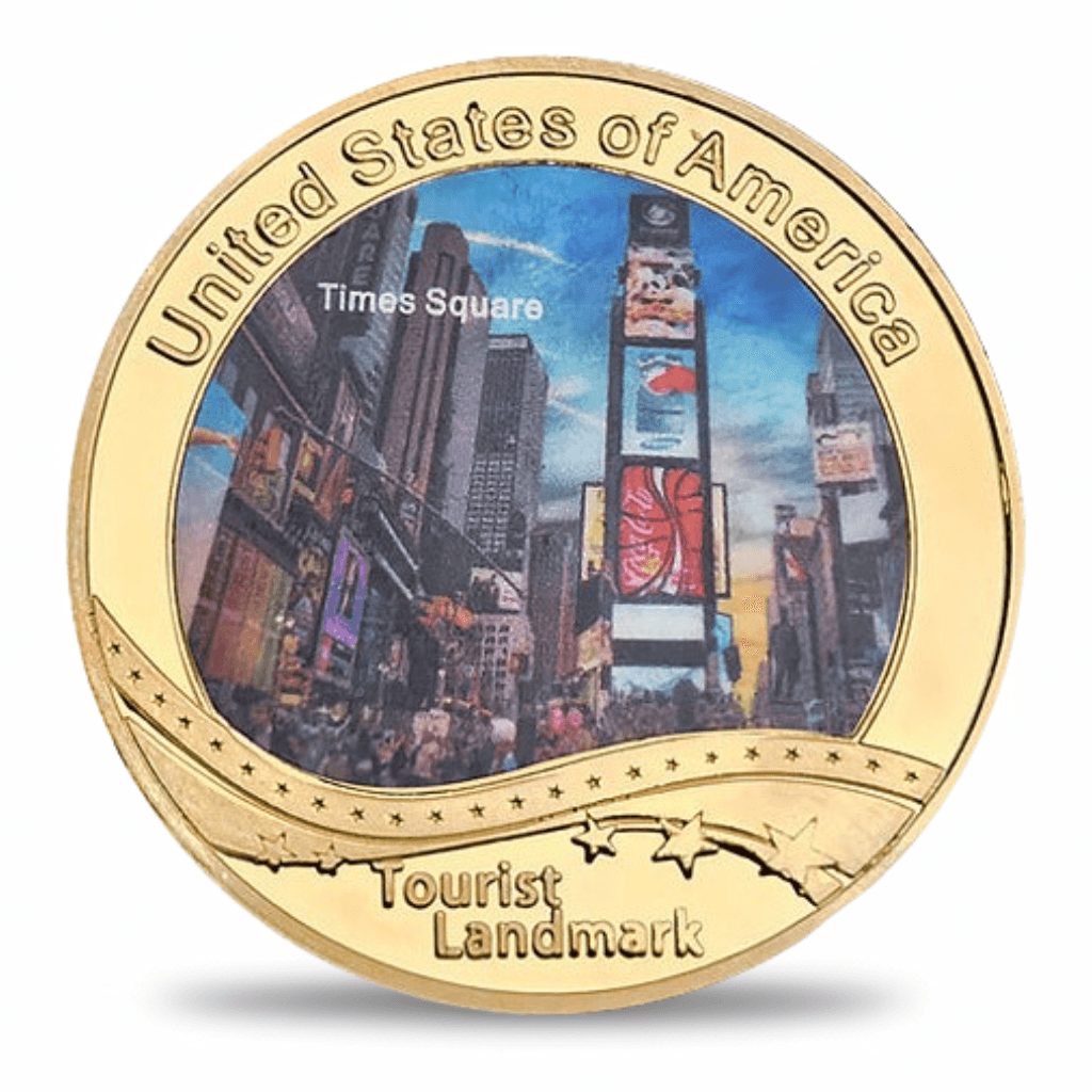 USA Landmark collectible coin Times Square New York full-colour gold finish tourist souvenir available at One More Coin store
