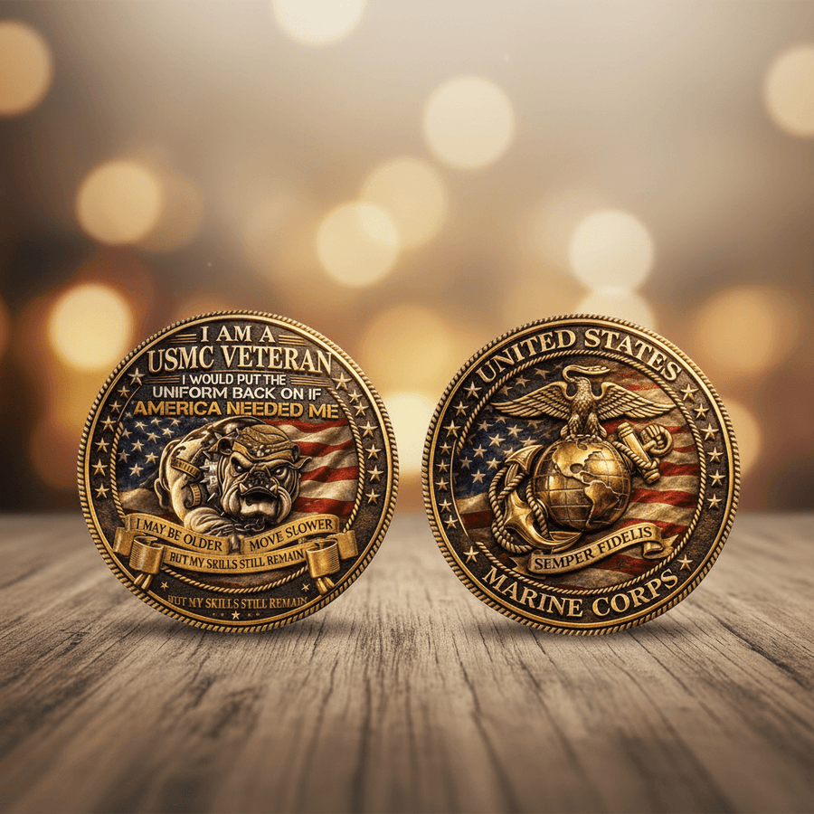USMC Veteran Devil Dog bulldog coin and United States Marine Corps Eagle Globe Anchor Semper Fidelis coin displayed together antique bronze gold rim military collectible