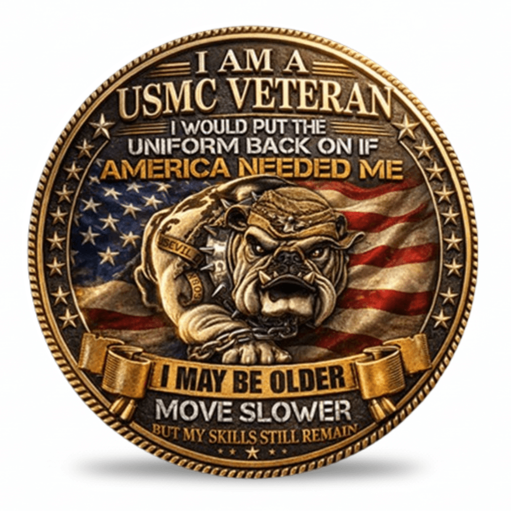 USMC Veteran Devil Dog bulldog collectible coin front face American flag antique bronze gold rim military Marine Corps collectible available at One More Coin store

