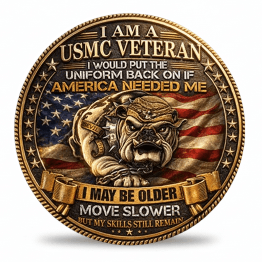 USMC Veteran Devil Dog bulldog collectible coin front face American flag antique bronze gold rim military Marine Corps collectible available at One More Coin store
